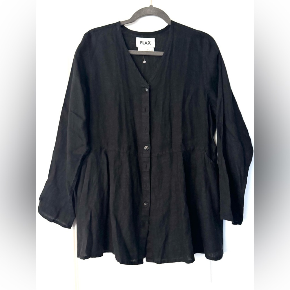 FLAX Linen Tunic Top Womens Black Long Sleeve Button Up A Line Lagenlook